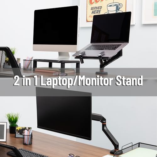 Image of Mind Reader Gas Spring Laptop Desk Mount, Fits 11.6-17.3 inch Laptops or Monitors, 180 Rotate, 13.2 lb Capacity, Single Arm with Integrated Cable Management, Adjustable Tilt /Swivel, Black