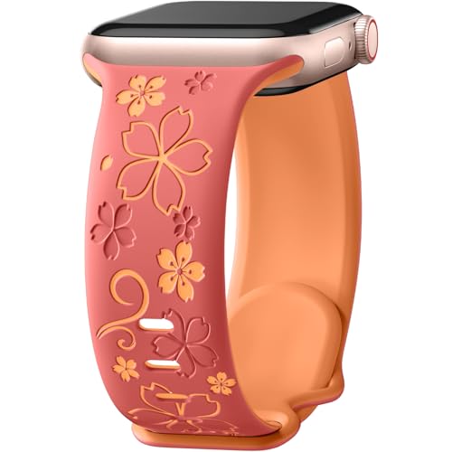 Floral Engraved Band Compatible with Apple Watch Bands for Women 40mm 41mm 42mm 38mm 44mm 45mm 46mm, Soft Silicone Cute TwoTone Flower Sport Strap for iWatch Series 11 10 9 SE 3 8 7 6 5 4 2