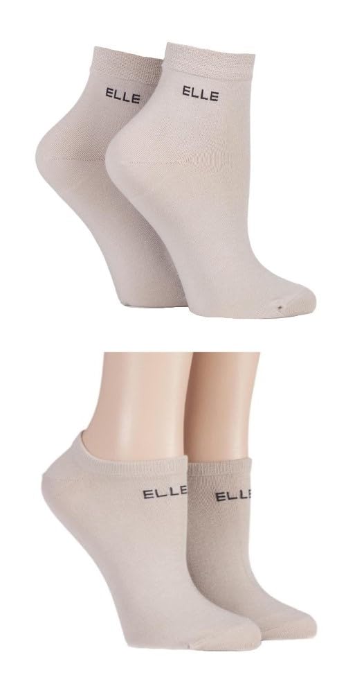 Elle Ladies Patterned and Plain Assorted Sock Styles including Anklets, No Show, Trainer and Regular Bamboo Socks in a Multipack of 4 Anklet/No Show Neutral 4-8