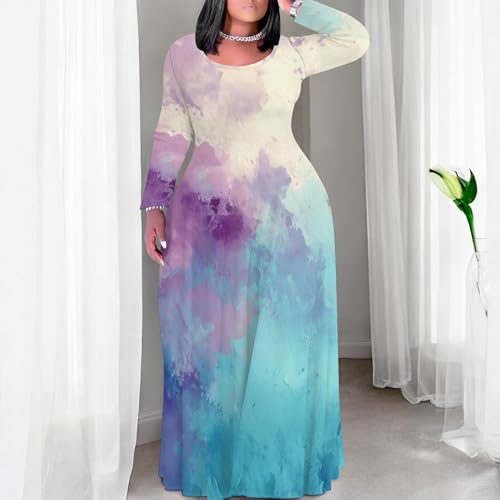 Image of PinkPatty Plus Size Maxi Dress for Curvy Women Crew Neck Long Sleeves Casual Dress Vacation Sundresses with Pockets