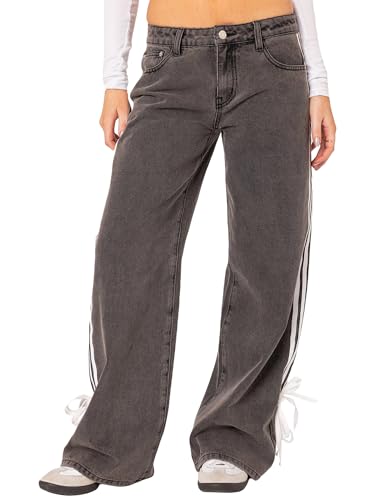 Y2K Low Rise Bow Jeans for Women Side Stripe Tie Straight Leg Denim Pants Baggy Jeans with Pocket Streetwear