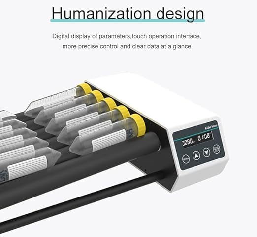 Digital Vertical Axis Roller Mixer Lab Roller Mixer with 6 Rollers Timer(1min-23h59min) Brushless Motor Speed 20-80 RPM for Mixing Viscous Liquids and Solid-Liquid Suspensions