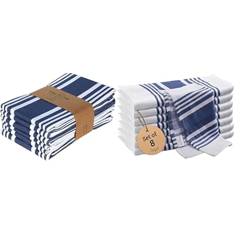 Urban Villa Cotton Premium Kitchen Towel 20x30 inch Set of 6 and Trendy Dish Cloth 12x12 inch Set of 8 Bulk Kitchen Set - (Pack of 14, Blue/White, Striped) Cover