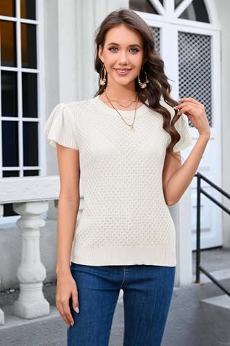 Image of Cakulo Summer Crochet Tops for Women Ruffle Cap Short Sleeve Crew Neck Knit Hollow Out Casual Spring Sweater Top
