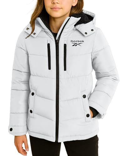 Reebok Girls Winter Coat - Heavyweight Quilted Girls Jacket Zip Up Weather Resistant Puffer Kids Winter Coat with Pockets, Size 10-12, White