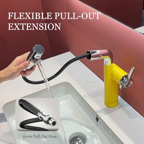 Mitigeur de lavabo avec douchette 3 jets et bec pivotant jaune