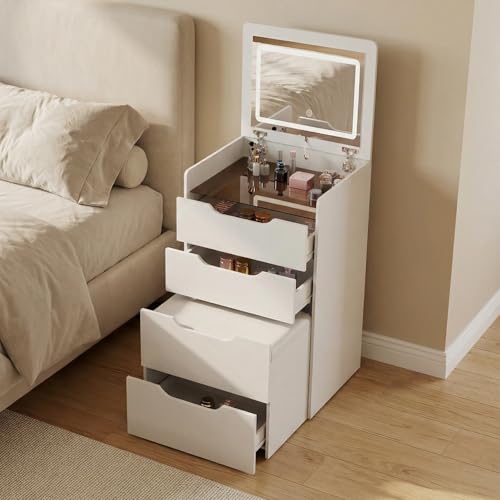 DATO Pequeño tocador con espejo plegable y LED, 3 modos de luz ajustable, cómoda 3 en 1 con silla y cajones, mesa de cosméticos con placa de cristal visible (DT255)