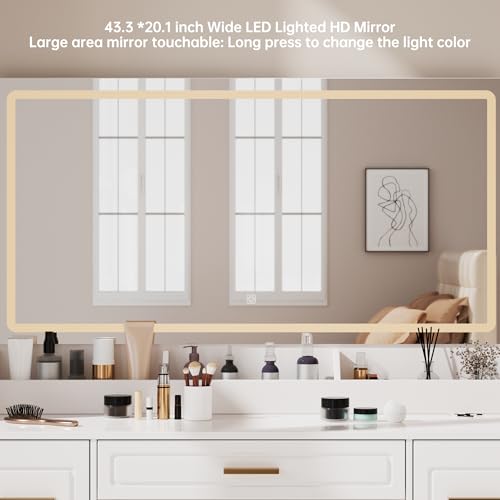 Vanity Desk with Mirror and LED Lights, 43\'\' W Makeup Vanity Desk with Power Outlet, 3 Color Modes, 7 Drawers Vanity Table with Chair, Dressing Table for Bedroom, Dressing Room - Thumbnail 3
