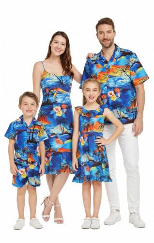 Image of Hawaii Hangover Family Matching Hawaiian Clothes, Sunset Blue | Family matching Hawaiian outfits, Sunset Blue, 100% cotton, machine washable, tropical floral print, luaus, cruises