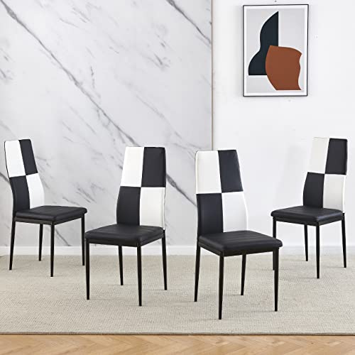 HUISEN&HosHoダイニングチェア 北欧 4脚セット 食卓椅子 クッション付き 椅子 ダイニング 4人掛け バイバック スチール脚 肘無し おしゃれ 家庭 カフェ ホテル用 レストラン 会議室 オフィス 組立簡単 4脚セット (ブラック＆ホワイト, フェイクレザー) [1]
