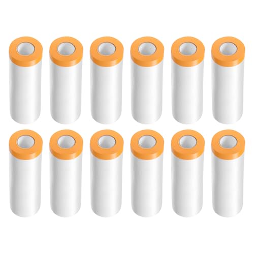 Image of HARFINGTON 12 Rolls Pre-Taped Masking Film 43.3 inch x65.6ft Tape and Drape Painters Plastic Drop Cloth Film with Tape Plastic Sheeting for Automotive Painting Covering
