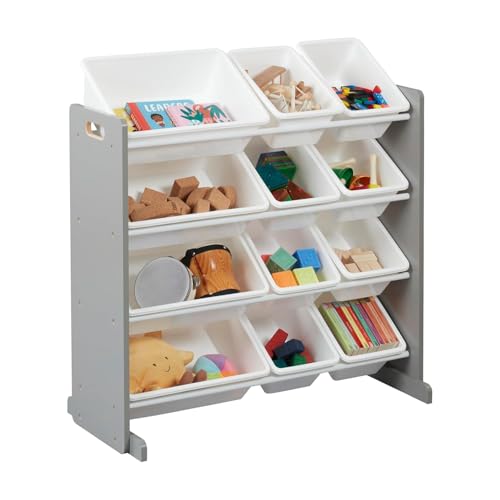 Image of Snazzy Engineered Wood 4-Tier Toy Storage Organizer with 12 Bins Grey /White