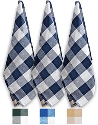 Kitchen Towels, Plaid Dish Towels - Navy Blue Dish Towel, 100% Cotton Highly Absorbent Kitchen Towels, Navy Cotton Dish Towels Bar & Tea Towels, Mitered Corners Navy and Cream Set of 3 18x28