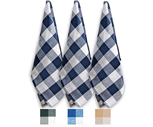 Kitchen Towels, Plaid Dish Towels - Navy Blue Dish Towel, 100% Cotton Highly Absorbent Kitchen Towels, Navy Cotton Dish Towels Bar & Tea Towels, Mitered Corners Navy And Cream Set Of 3 18X28 #TOP17