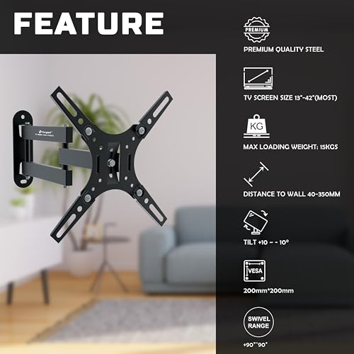 Image of Target TT-WMD-1342-1TS(X1) Full Motion TV Wall Mount, Premium Steel, 13-42 Inch Screen Size, 15kg Load Capacity, 90 Swivel Range, VESA 200x200mm Compatible, Black
