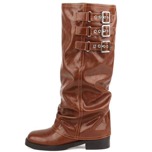 Image of ClassicSter Fold Over Knee High Boots Slouch Boots for Women Chunky Goth Platform Boots,2 inch Heel Wide Calf Long Boots Square Toe Riding Boots
