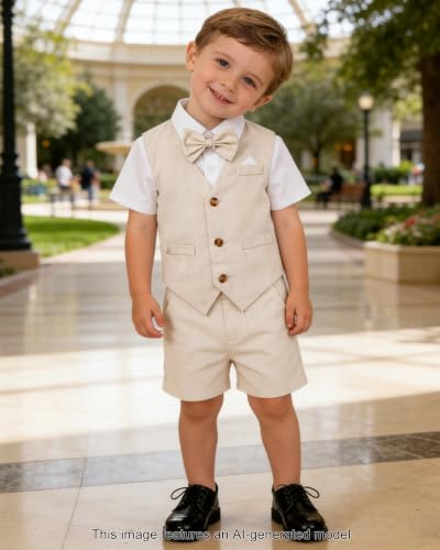 Image of SANGTREE Baby Boy Suit Wedding Ring Bearer Outfits Vest Short Sleeve Bowtie Shirt Suspender Summer Gentleman Shorts Sets