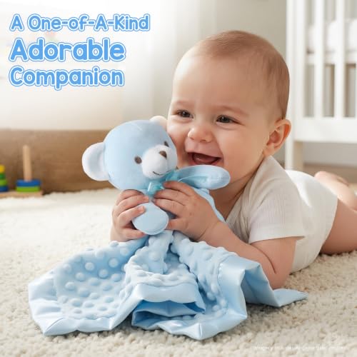 Image of Loveys for Babies, Soft Baby Security Blanket Lovies for Babies, Stuffed Animals Blankie for Newborn Infant with Baby Snuggle Toy, Boys Gilrs Gifts Blue Bear Security Blanket 16 Inch