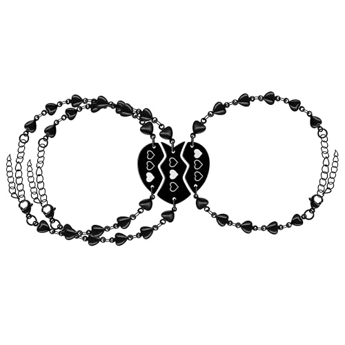 Image of 3pc Puzzle Heart Pieces Bracelets for Women Adjustable Stainless Steel Black Heart Link Bracelet for Sisters Friend Family Friendship Gifts YA4838