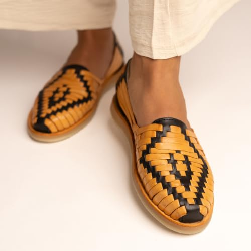 Mexico en la Piel Women's Huarache Sandals - Genuine Leather, Handcrafted Slip-On Flats with Two-Tone Interwoven Design, Lightweight, Comfortable4