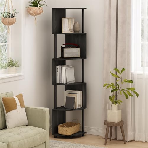 Image of Furinno ECON Corner Shelf, 5-Tier Corner Book Shelf, Zigzag Storage Shelves, Display Rack, Bookshelf, for Organization and Storage, Living Room, Home Office, Espresso