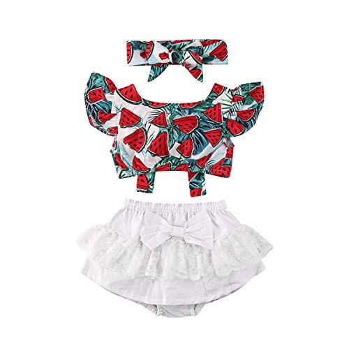 Bowanadacles Completo Neonata Estivo 3 Pezzi Top con Maniche Volant Stampa di Anguria + Gonna Pantaloncini con Fiocco e Tulle + Fascia per Capelli 0-24 Mesi (Multicolore, 0-6 Mesi)