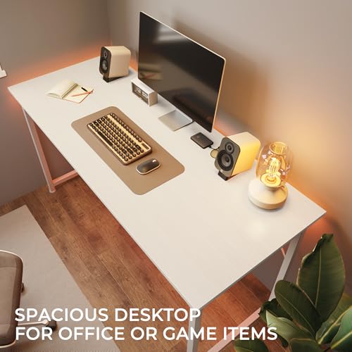 Image of Huuger Computer Desk, 48 Inch Office Desk, Gaming Desk with Storage, Writing Desk Work Desk for Home Office, Study, Modern Simple Desk, Large Legroom, Metal Frame, White