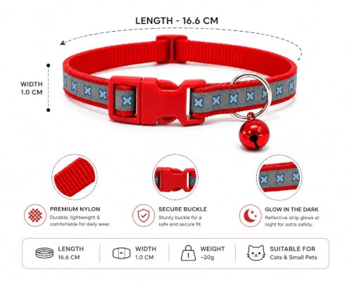 Image of Adjustable Stylish Dog & Cat Collar | 10mm Durable Comfortable Pet Collar with Bell | Ideal for Small & Medium Pets Cotton Candy (Bone Printed Radium Collar) (Red, Pack of 2)