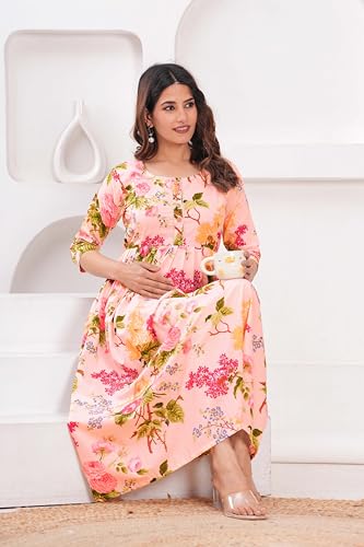 Image of Women's Feeding Kurta Cotton | Floral Anarkali Pregnancy Kurta with Nursing Zipper | Pre & Post Partum | Maternity Dresses | Mom to Be Gift