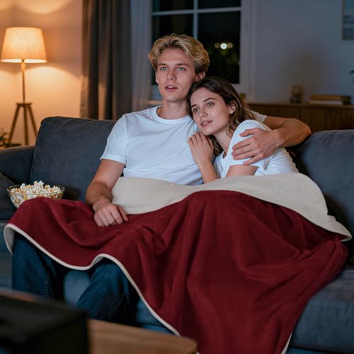 Image of LOOBANI Waterproof Blanket for Bed: Reversible Soft Flannel King Size Bed Blanket 85 inch x 108 inch, Waterproof Dog Blankets for Large Dogs, Spill-Proof Cover for Furniture Protection, Movie Time, Red