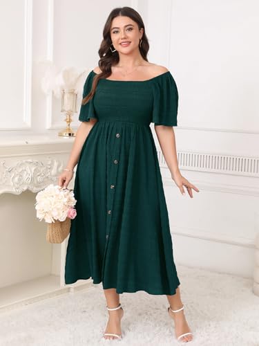Image of Plus Size Casual Maxi Boho Dress for Curvy Women Short Sleeve Square Neck Smocked Summer Beach Dresses Button Down
