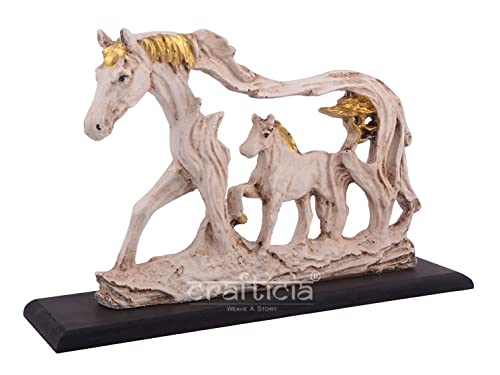 Image of Resin Horse Statue with Baby Horse Animal Figurine On Wooden Base for Feng Shui and Vaastu Statue (27.5X7.5X20 cm, Off White)
