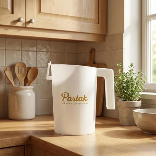 Image of Milk and Oil Packet Holder, Plastic Kitchen Organizer with Handle, Cylindrical Spill-Proof Pouring Container (White, Large)