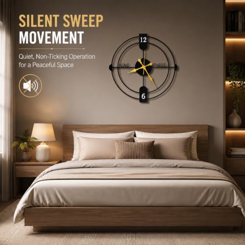 Image of 40 cm Metal Wall Clock, Black, Silent Non-Ticking | Silent Non-Ticking, Skeleton, Modern Iron Analog, For Living Room, Bedroom, Hall, Office & Home Decor