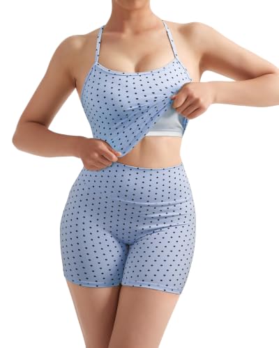 Image of SUUKSESS Women 2 Piece Workout Sets High Waisted Tummy Control Biker Shorts Halter Padded Tank Tops