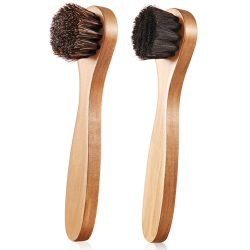Image of 2 Pcs Horsehair Shine Shoes Brush Kit Polish Dauber Applicators Cleaning Leather Shoes Boots Care Brushes Suede Cleaner Brush(Wooden Long Handle)