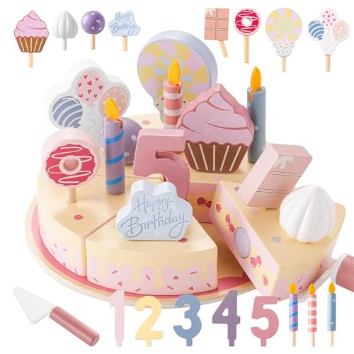 DAJASD Cocina infantil, tarta de cumpleaños de madera, 24 unidades, accesorios de cocina de juguete con números y velas, pastel de cumpleaños de madera para niños, accesorios de cocina para niños y