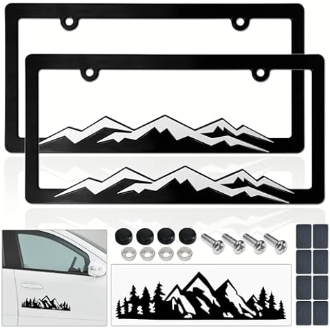 BGGTMO Mountain License Plate Frames- White on Black Mountain Raised, Plastic Black Car Tag Holder Bracket with Screws Caps, 2 Packs 2 Hole with Mountain Vinyl Sticker Cover
