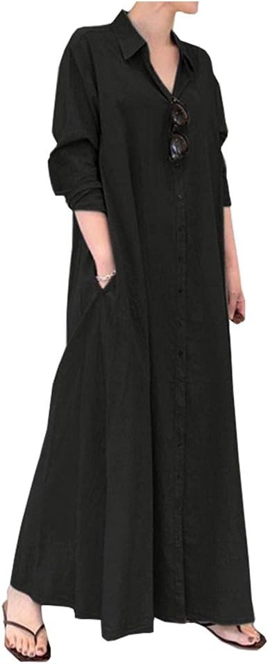 LadyfulWomen's Casual Button Down Cotton Linen Long Shirt Dress