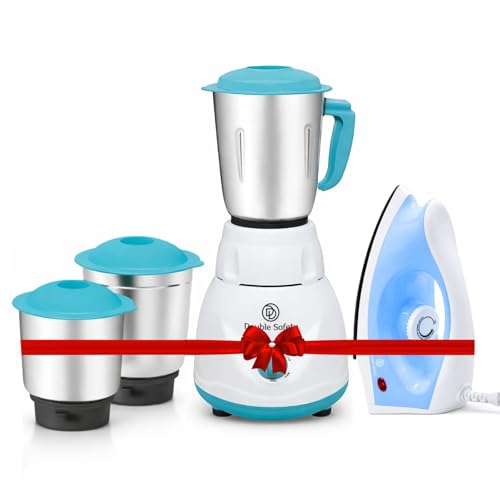 Image of New York 750W Juicer Mixer Grinder With 1000W Pattaya Dry Iron Combo | 3 Jar | Perfect for Juicing, Mixing, Blending | Stainless Steel Blades | White & Blue | 2 Years Warranty