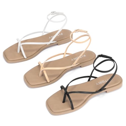 Fitory Women'S Flat Sandals Fashion Gladiator Thong With Adjustable Buckle Closure For Summer Size 9 White thumb #4