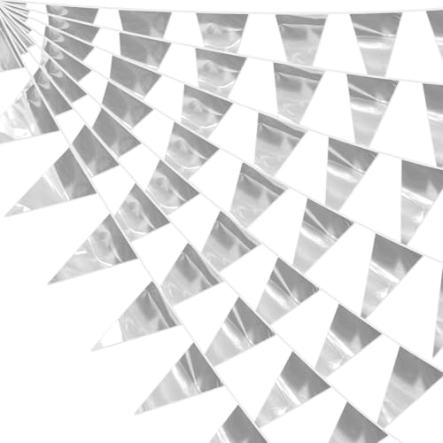 Image of 65FT Silver Glitter Triangle Pennant Banner Flag Metallic Bunting Fabric Garland for Christmas Graduation Wedding Engagement Anniversary Bachelorette Birthday Bridal Shower Valentine's Party Supplies