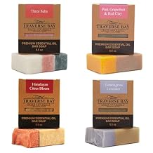Traverse Bay Bath and Body Natural Cold Process Soap Citrus & Salt 4-Bar Variety Pack, Three Salts, Pink Grapefruit & Red Clay, Himilayan Citrus Bloom, Lemongrass Lavender, 5.5 oz Each, 22+ oz Total