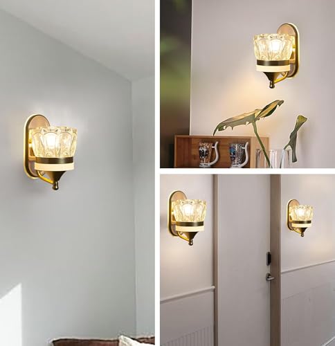 Image of SINOMAN Modern LED Wall Lamp with Golden Finish and Crystal Glass Shade Decorative Indoor Wall Light 3 in 1 Color Changing, (Warm, Neutral, Cool White) Ideal for Living Room, Bedroom, and Home Decor