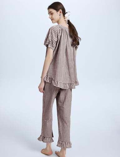 Flygo Womens Plaid 2 Piece Pajamas Sets Gingham Button Down Puff Sleeve Babydoll Shirt Ruffle Pants Y2K Pjs Lounge Set