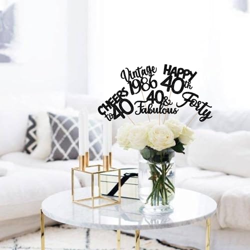 Image of 15 PCS Black 40th Birthday Centerpiece Sticks Forty Happy 40th Vintage 1986 Table Flower Centerpieces Sticks Cheers to 40 Fabulous Floral Decorations for 40th Birthday Party Centerpieces Supplies