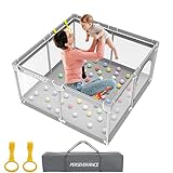【Parque de juegos para bebés resistente】 El parque de juegos para bebés está hecho de material catiónico engrosado mejorado + utiliza 4 ventosas inferiores antideslizantes + cubierta de tela duradera + tubo de acero fuerte que no es fácil de mover o volcar, y puede soportar el peso de los adultos. Juega seguro en el interior. Los padres pueden tener las manos libres para hacer sus propias cosas, cocinar, ir al baño, trabajar, descansar, etc.