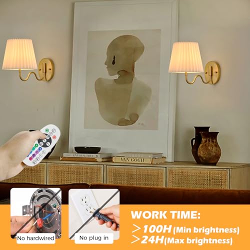 Image of PASSICA DECOR 180 Swing Arm Battery Operated Wall Sconce Set of 2 Wireless Rechargeable LED, 15 Colors Dimmable, Remote Timer, for Bedroom Living Room Gold