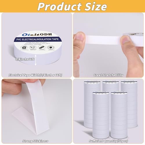 Image of Oleitodh 50 Rolls White Electrical Tape Bulk 3 /4 Inch x 66ft, Waterproof Vinyl Electrical Tape High Temp Insulation Tape for Electrical Protection Home Outdoor Electrical Insulating Wire Wrapping