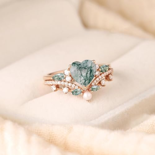 High-grade Vintage Moss Agate Engagement Ring Set Custom Inspired Art Deco Green Agate Sterling Silver 10K/14K/18K Gold Wedding Rings for Women Available in Yellow/Rose/Black/White Gold4